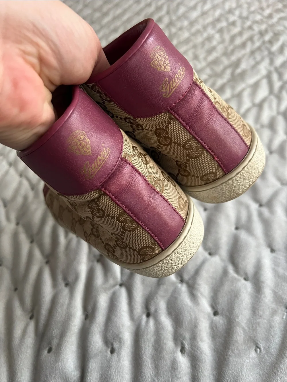 Gucci Beige GG Canvas High-Top Sneakers with Pink Trim